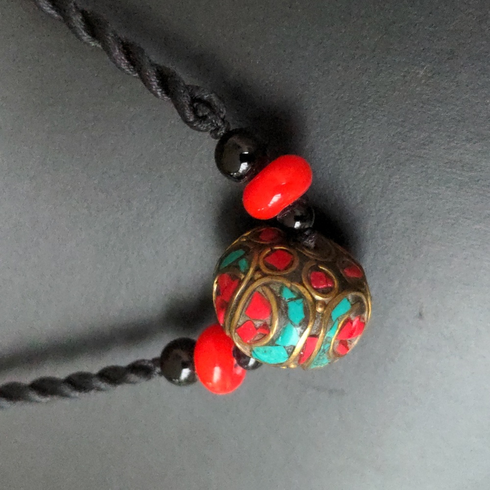 Vintage handmade Tibetan necklace with inlaid natural turquoise and coral